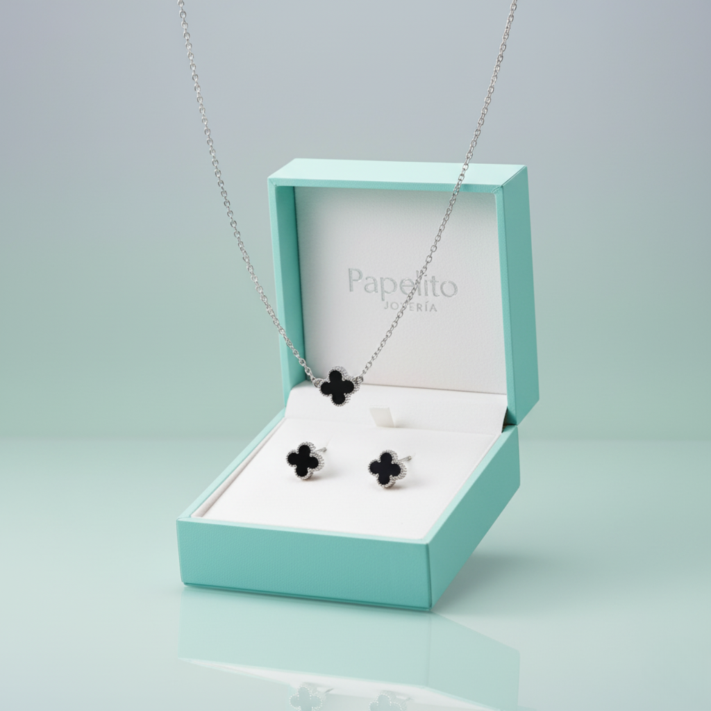 Parure de bijoux Black Clover 100 % acier inoxydable couleur argent