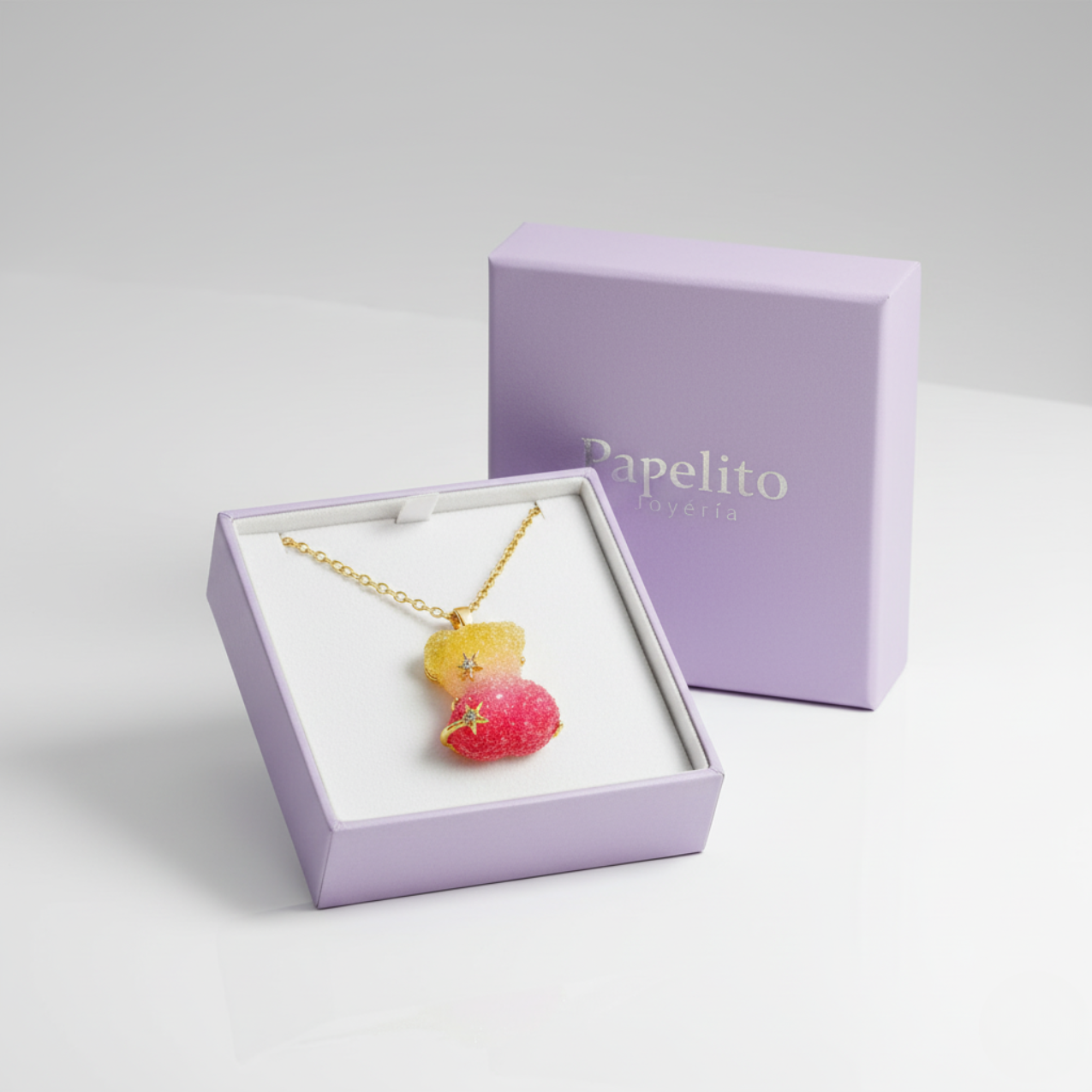 Collar Osito Gominola Vestido Bicolor Glitter con Estrellas - 100% Acero Bañado en Oro 18K