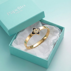 Bracelet rigide avec fleur émaillée à quatre pétales et zircone - 100 % acier plaqué or 18 carats