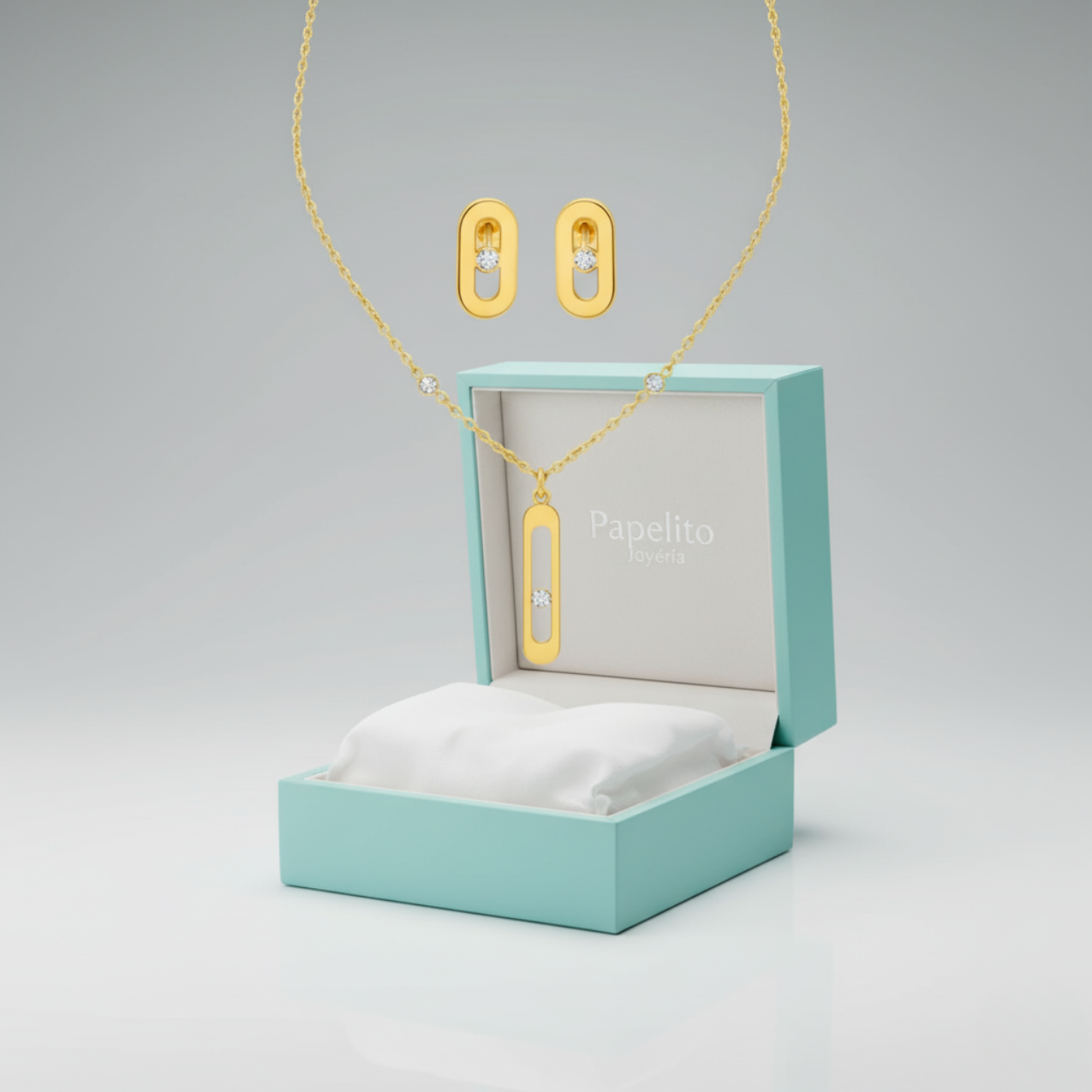 Parure de bijoux « Élégance géométrique » : bracelet, boucles d'oreilles et collier 100 % acier plaqué or 18 carats