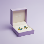 Pendientes de Botón con Flor de Pétalos Azul Petróleo y Centro Dorado - 100% Acero Bañado en Oro 18K