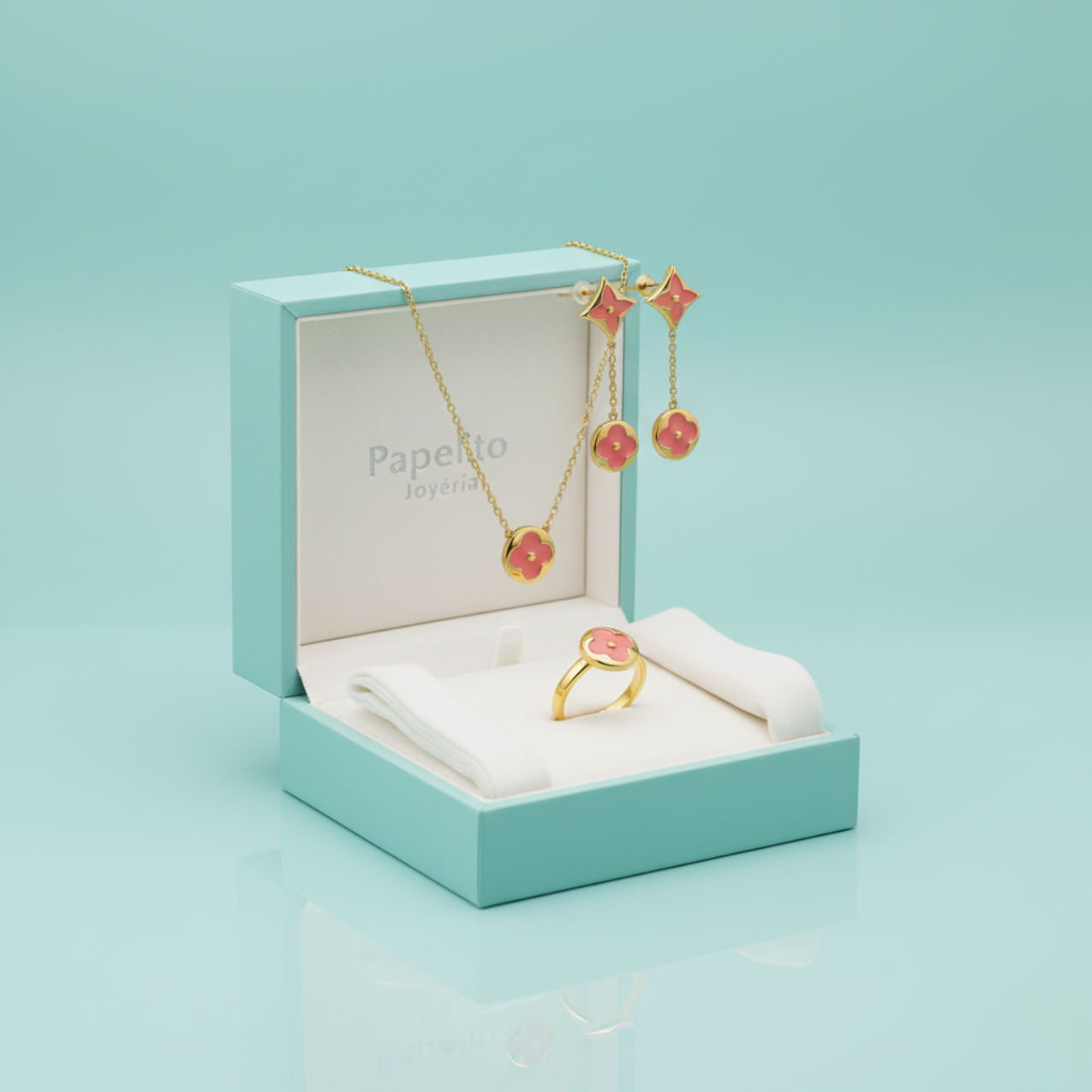 Conjunto de Joyería Floral Geométrica Rosa 100% Acero Bañado en Oro 18K