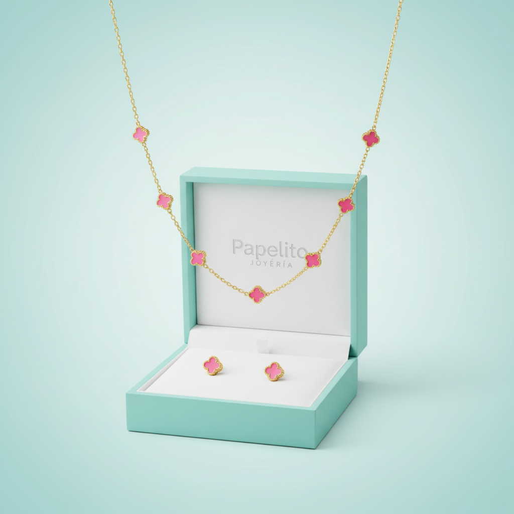 Fuchsia Pink Clover Jewelry Set 100% 18K Gold Plated Steel