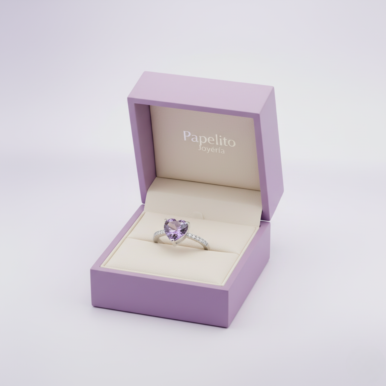 Anillo de Corazón Púrpura con Circonitas 100% Acero Inoxidable Color Plata