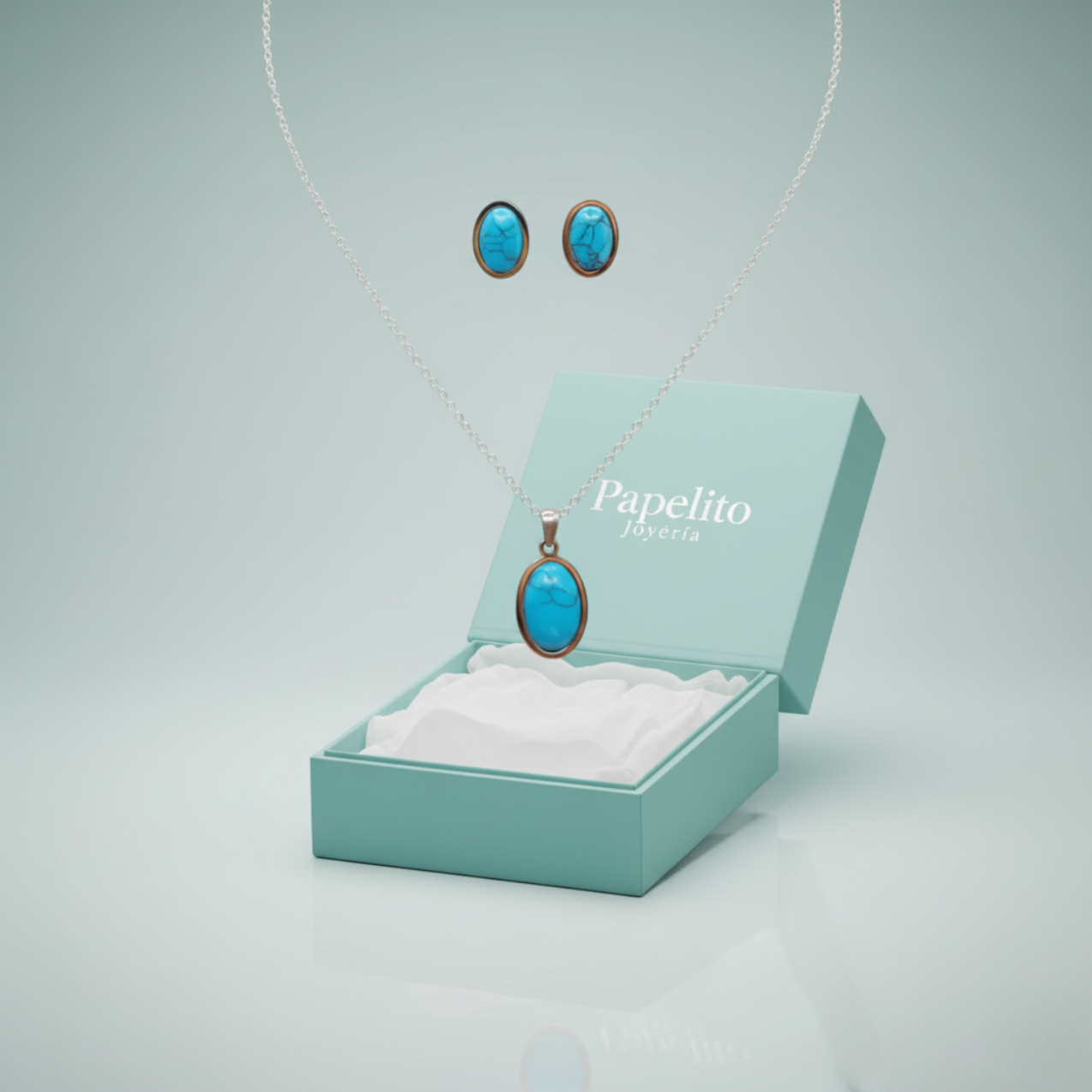 Conjunto de Joyas con Turquesa Reconstituida - Pendientes y Collar 100% Acero Bañado en Plata