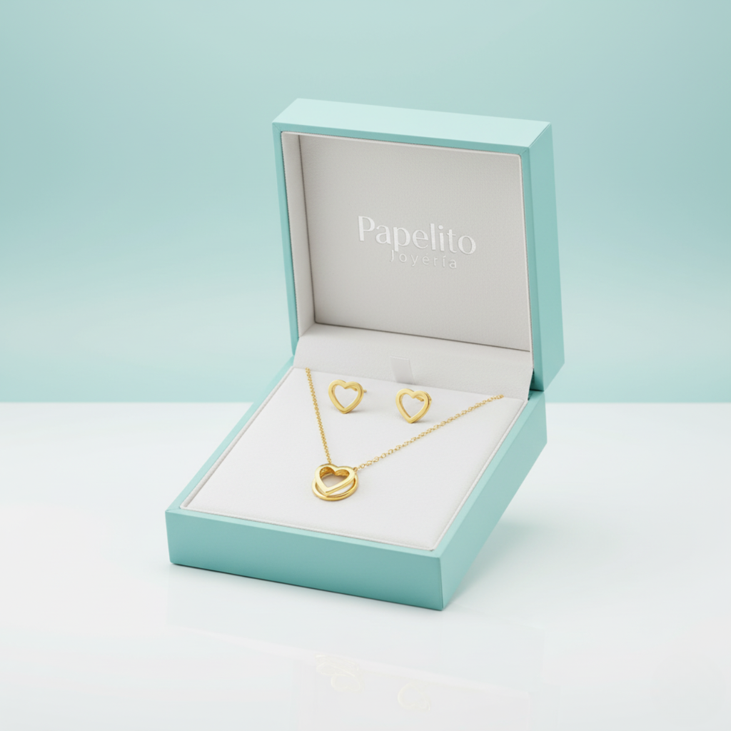 Conjunto Collar y Pendientes de Corazones Calados - 100% Acero Bañado en Oro 18K