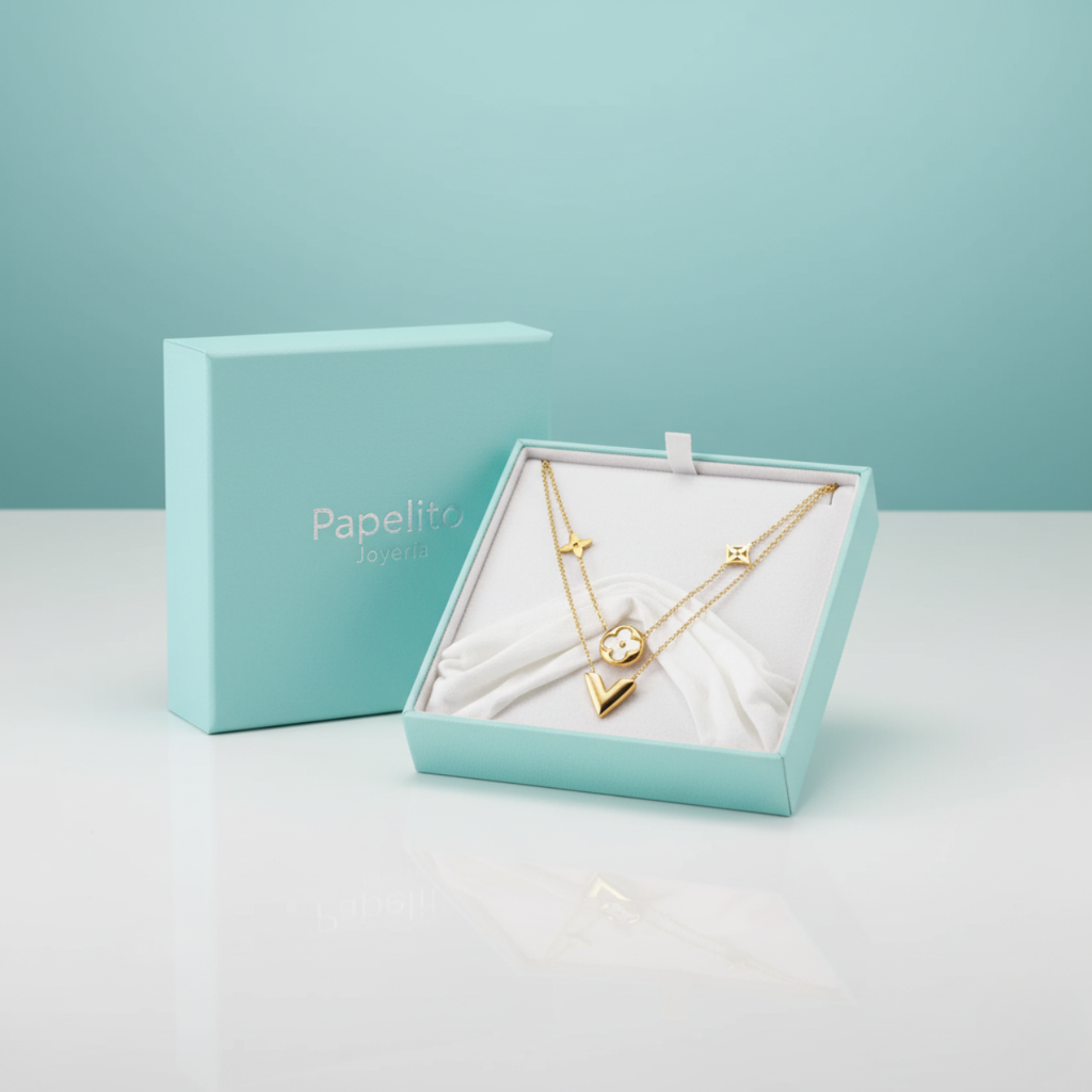 Collar Doble Cadena con Colgantes Florales y "V" 100% Acero Bañado en Oro 18K