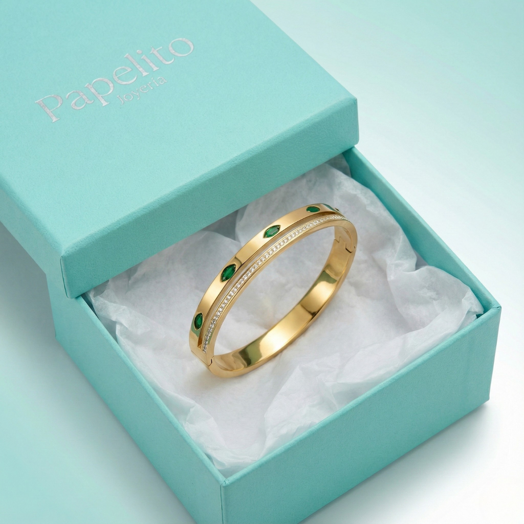 Pulsera Rígida con Cristales Verdes y Circonitas - 100% Acero Bañado en Oro 18K