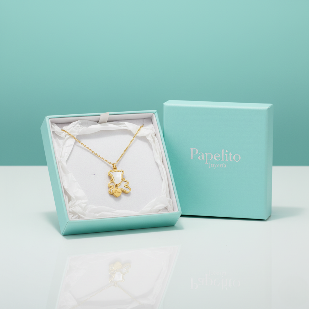 Collar de Acero Chapado en Oro de 18K 100% con Colgante de Oso y Corazón