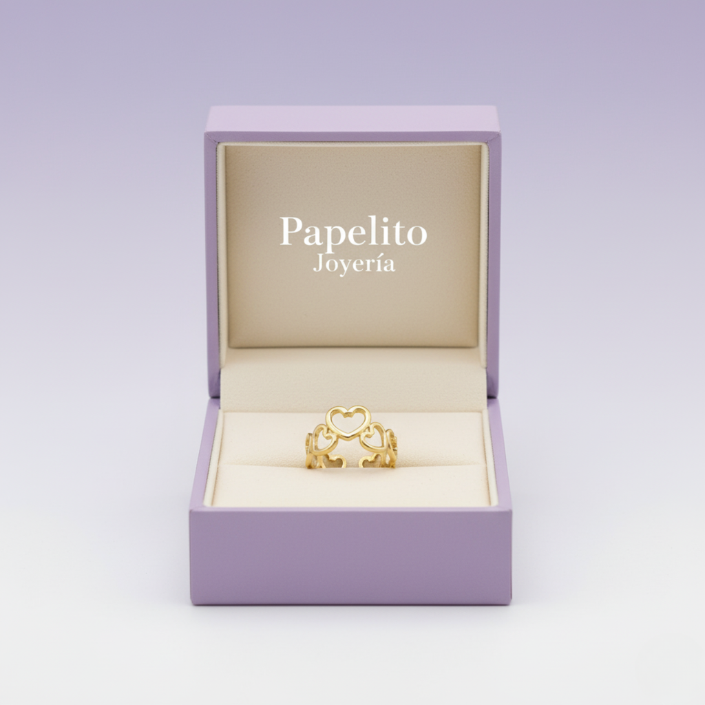 Anillo Banda de Corazones Calados 100% Acero Bañado en Oro 18K