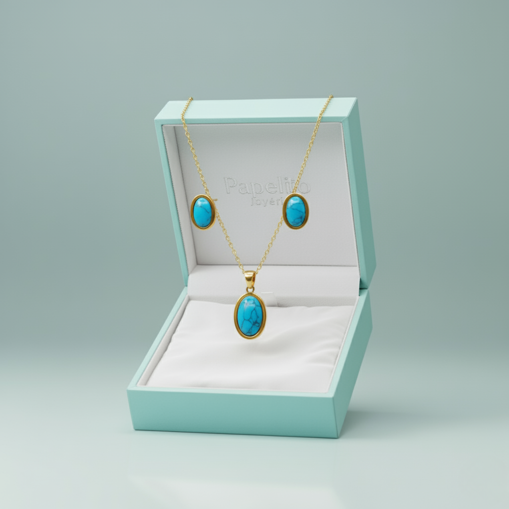 Conjunto de Collar y Pendientes con Ovalo de Piedra Turquesa Natural - 100% Acero Bañado en Oro 18K