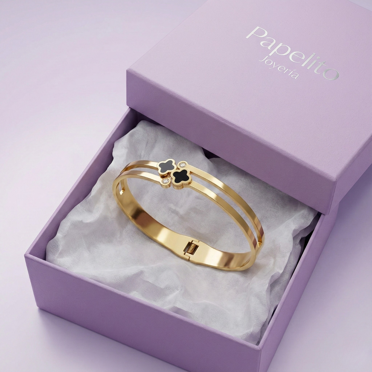 Bracelet rigide double bande avec trèfles émaillés noirs et zircones - 100 % acier plaqué or 18 carats