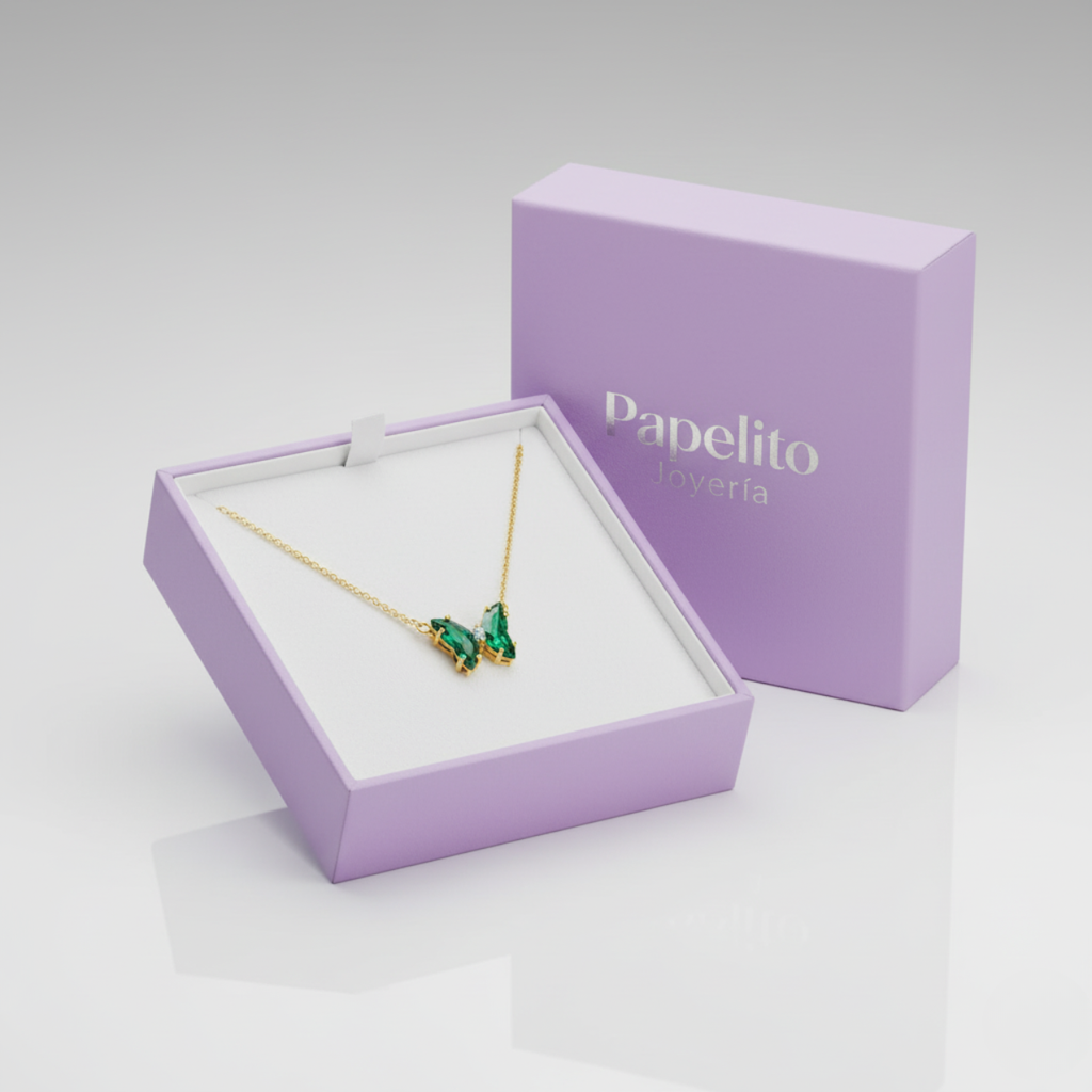 Collar Mariposa Zirconia Verde Esmeralda - 100% Acero Bañado en Oro 18K