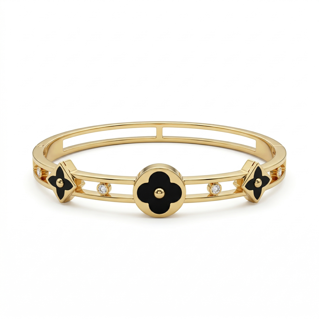Bracelet rigide avec fleurs émaillées et détails ajourés - 100 % acier plaqué or 18 carats