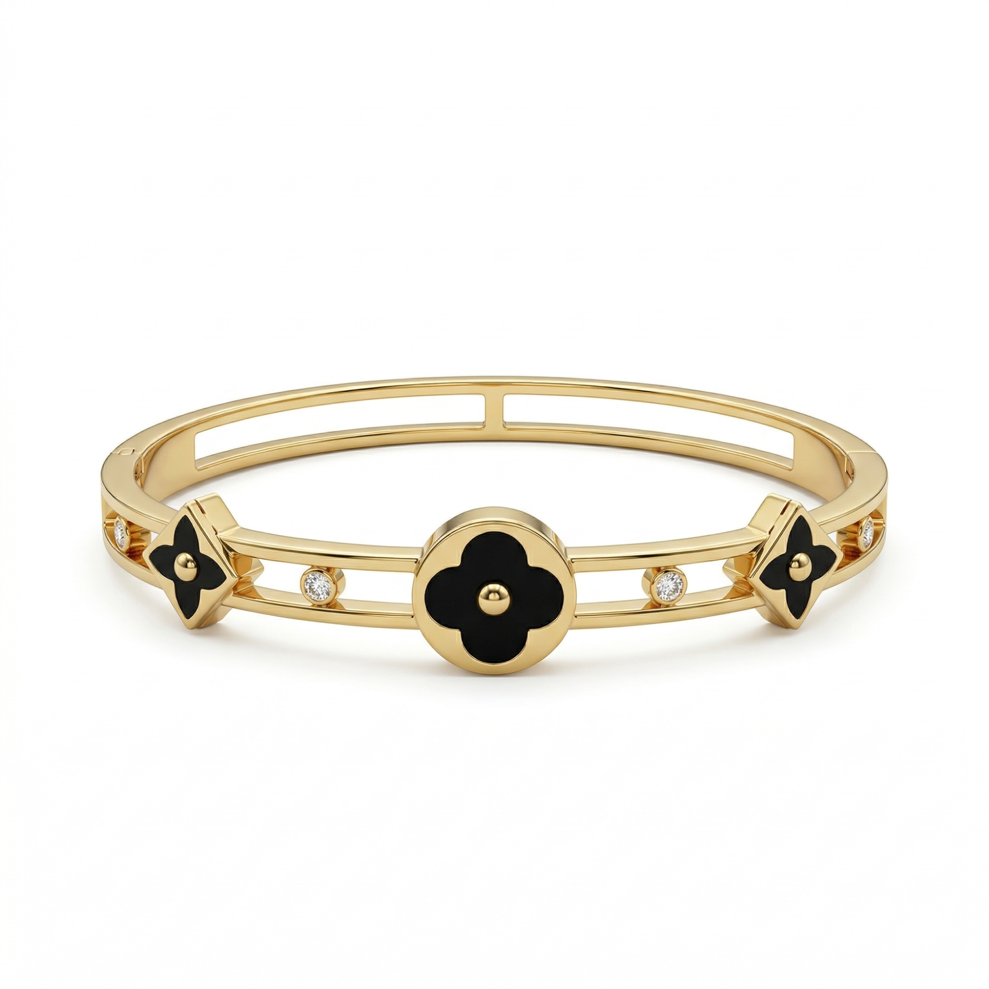 Bracelet rigide avec fleurs émaillées et détails ajourés - 100 % acier plaqué or 18 carats