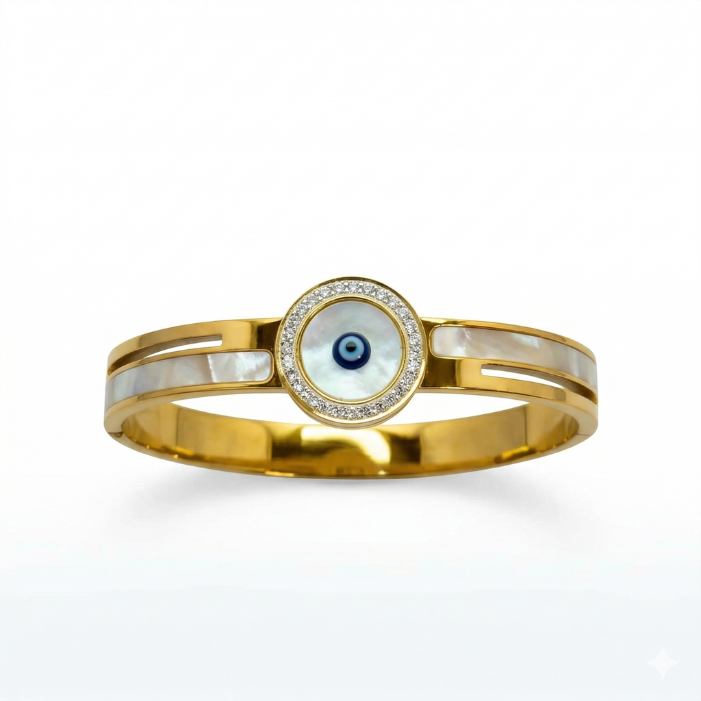 Bracelet rigide avec mauvais œil et nacre - 100 % acier plaqué or 18 carats
