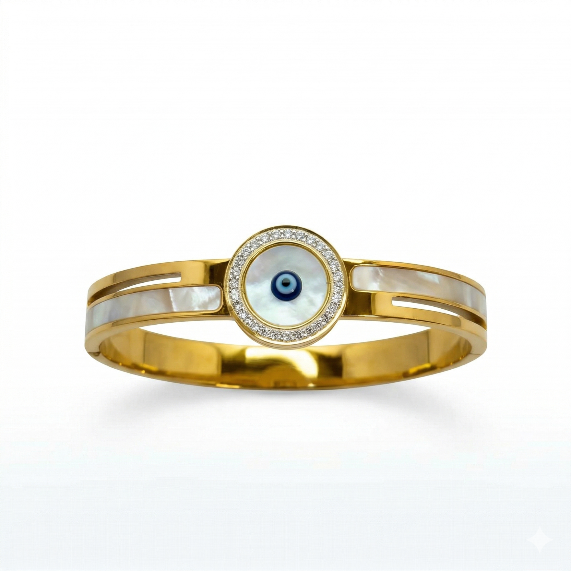 Bracelet rigide avec mauvais œil et nacre - 100 % acier plaqué or 18 carats