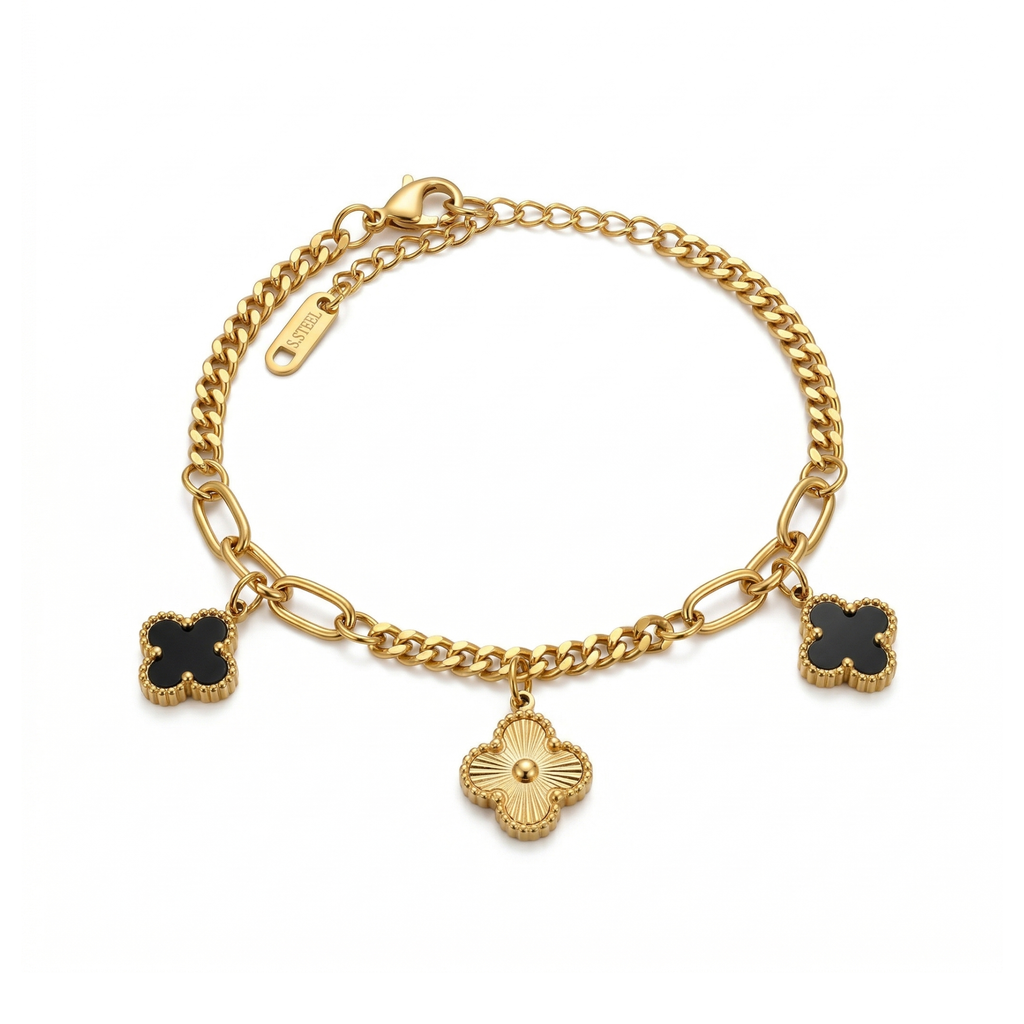 Bracelet à maillons mixtes avec pendentifs trèfle et fleur - Acier inoxydable plaqué or