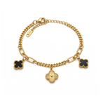 Bracelet à maillons mixtes avec pendentifs trèfle et fleur - Acier inoxydable plaqué or