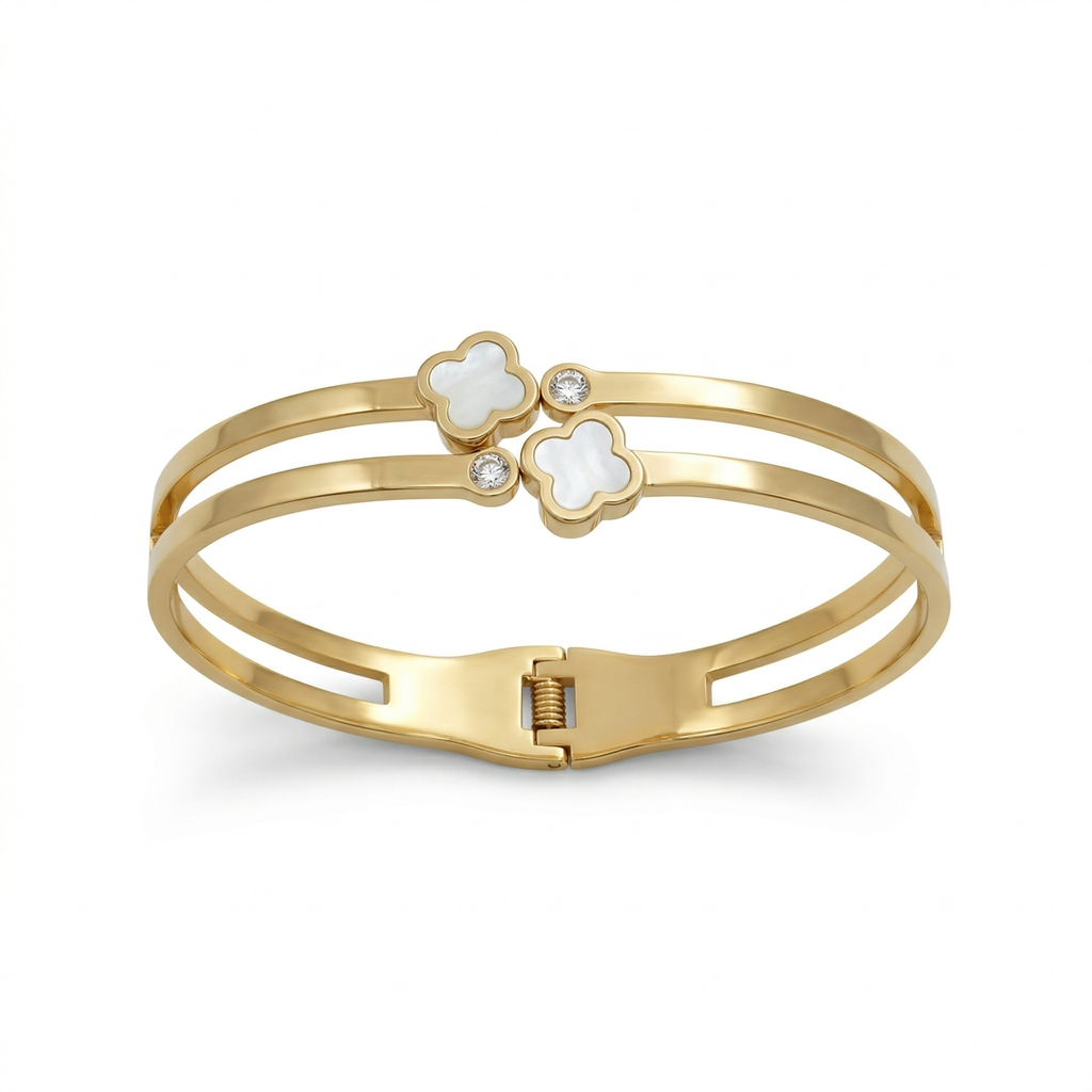 Bracelet rigide double bande avec trèfles en nacre et zircones - 100 % acier plaqué or 18 carats