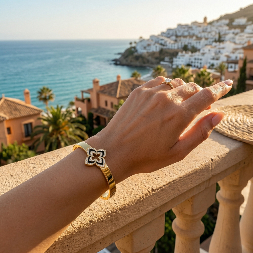 Bracelet rigide avec fleur émaillée à quatre pétales et zircone - 100 % acier plaqué or 18 carats