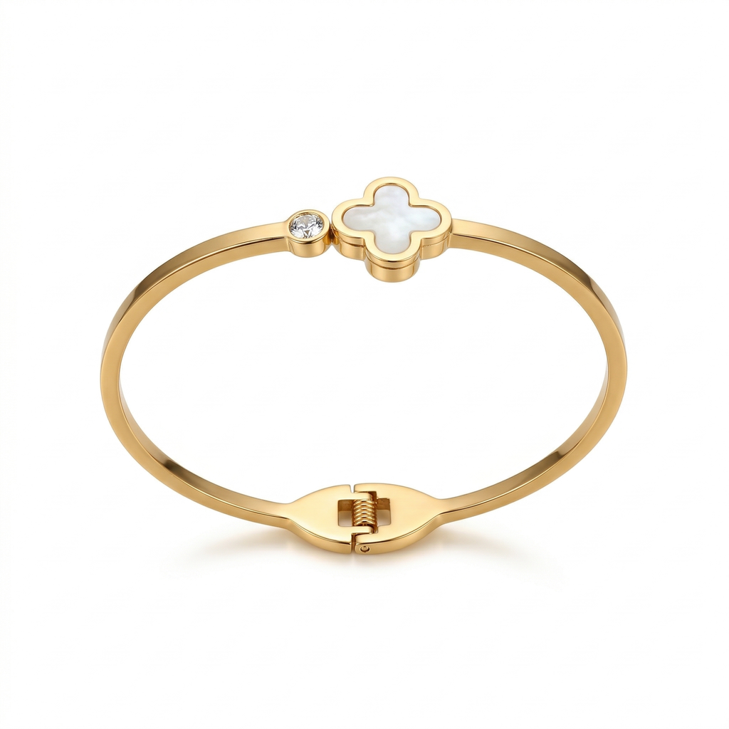 Bracelet rigide avec trèfle en nacre blanche et pierre précieuse 100 % acier plaqué or 18 carats