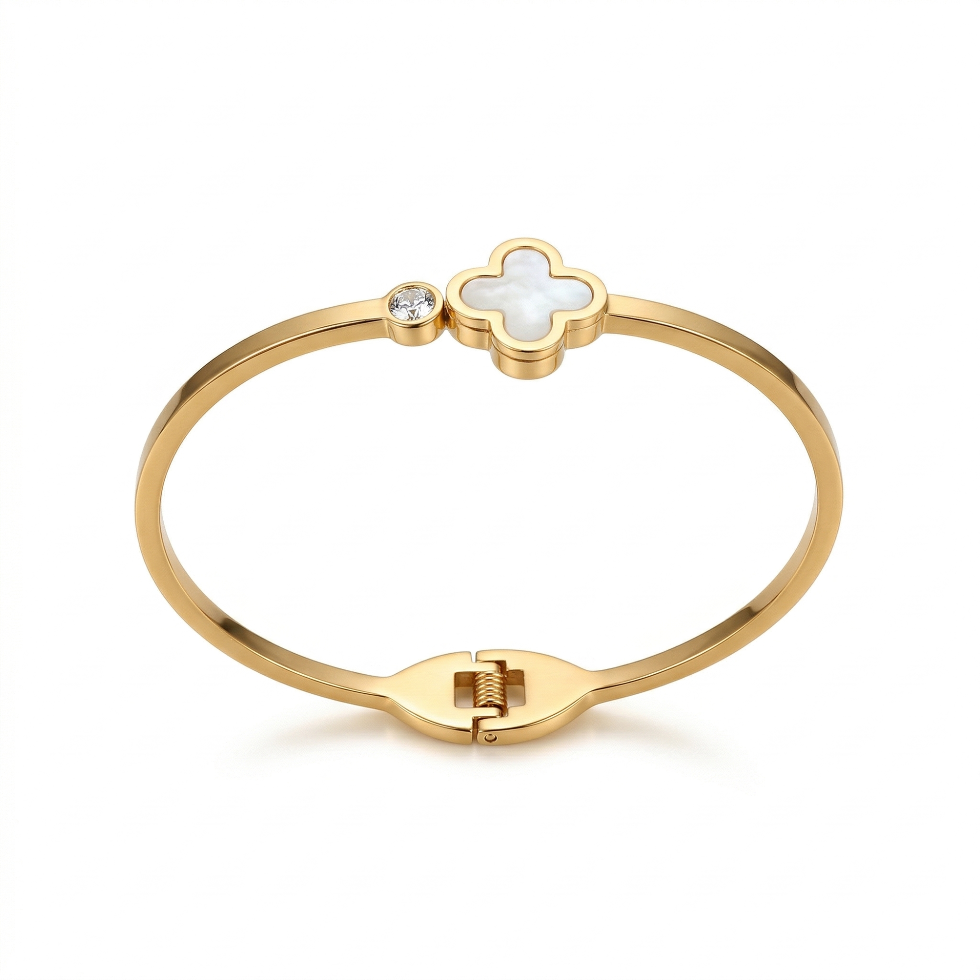 Bracelet rigide avec trèfle en nacre blanche et pierre précieuse 100 % acier plaqué or 18 carats
