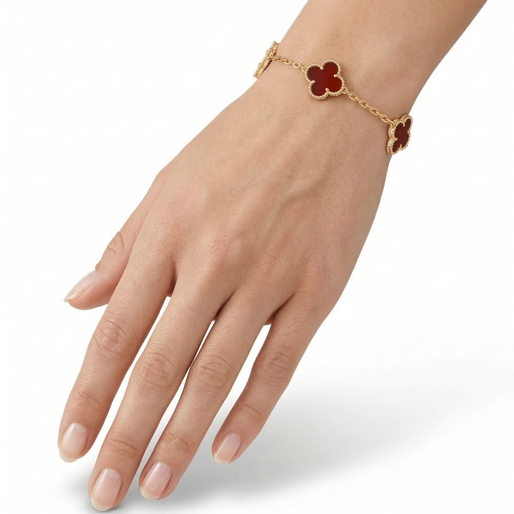 Bracelet porte-bonheur Trèfles en émail rouge – Acier inoxydable plaqué or 18 carats