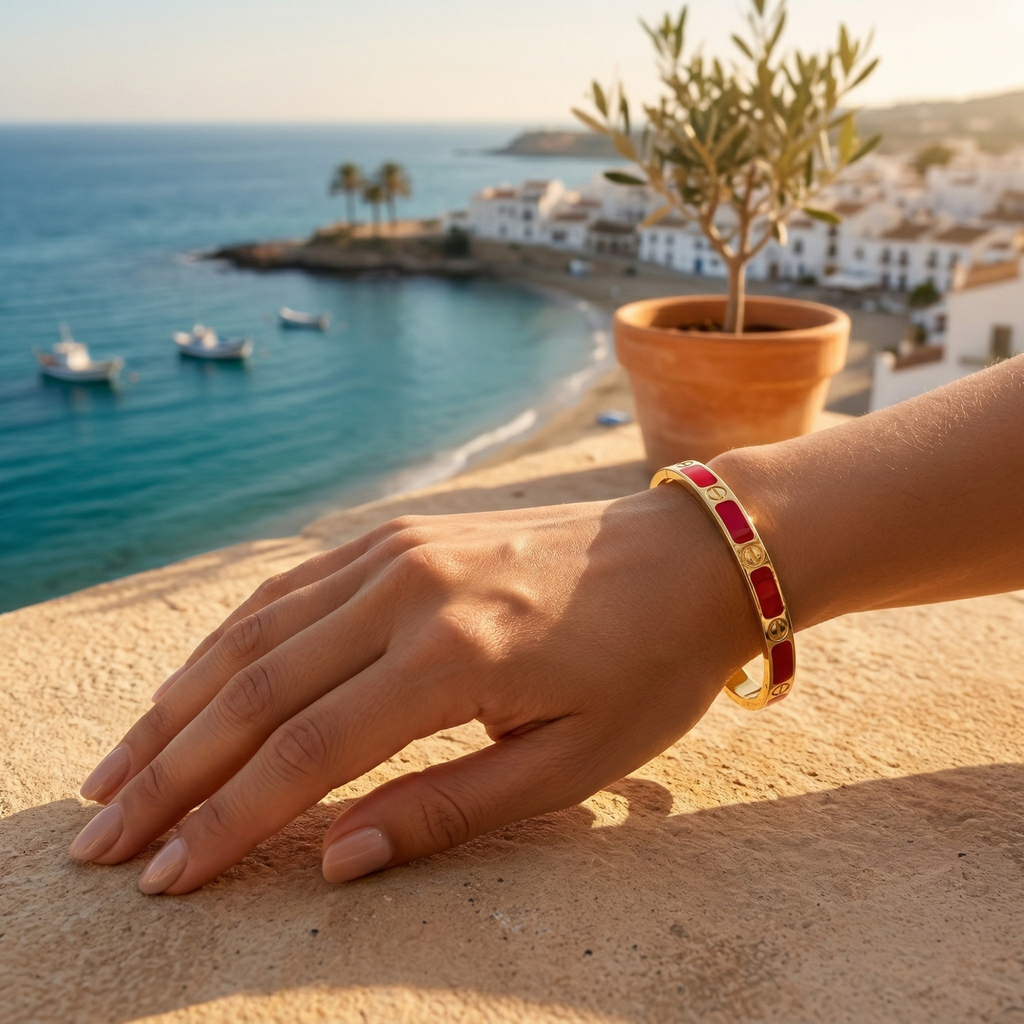 Bracelet en acier plaqué or 18 carats 100 % avec détails émaillés rouges