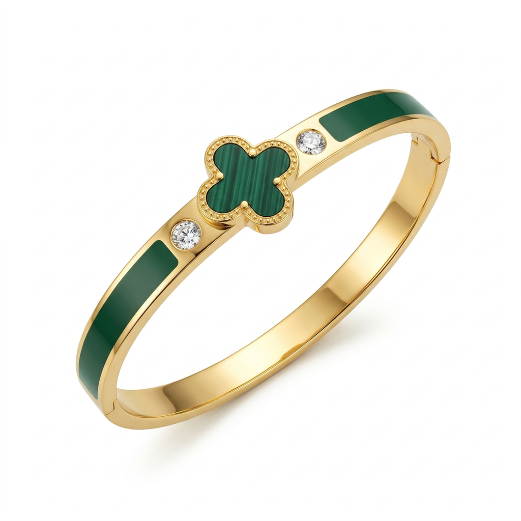 Bracelet rigide avec motif trèfle émaillé vert et zircone - 100 % acier plaqué or 18 carats