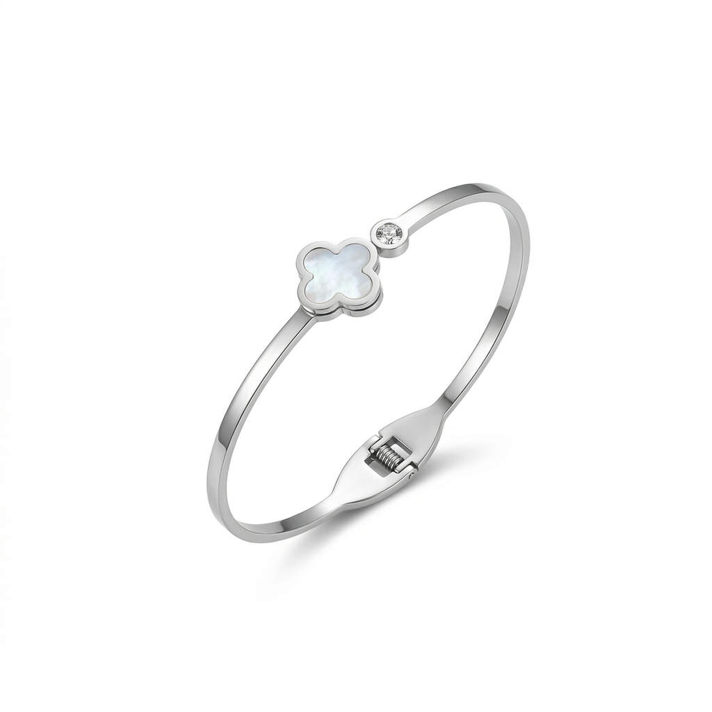 Bracelet rigide avec trèfle en nacre blanche et pierre 100 % acier inoxydable couleur argent