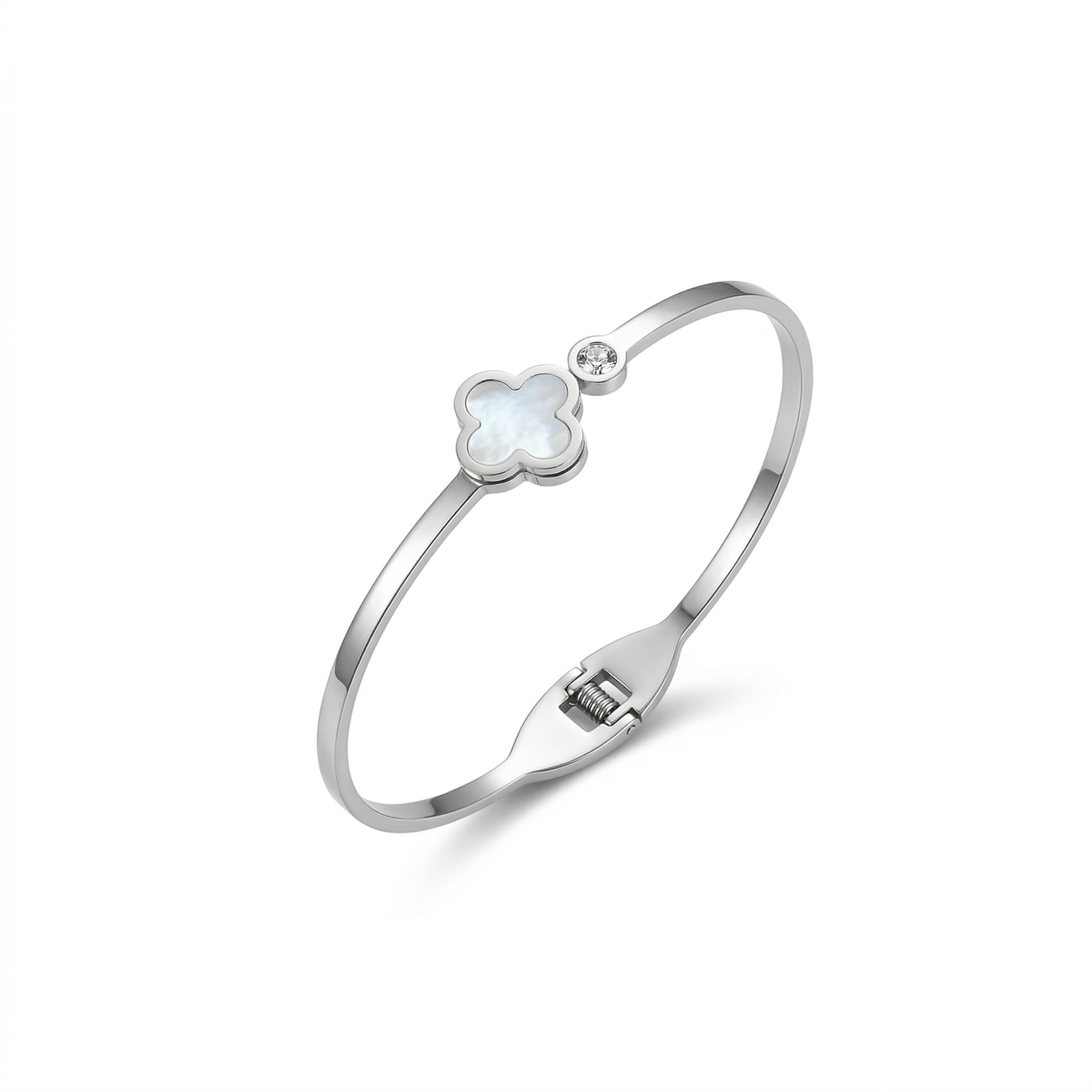 Bracelet rigide avec trèfle en nacre blanche et pierre 100 % acier inoxydable couleur argent