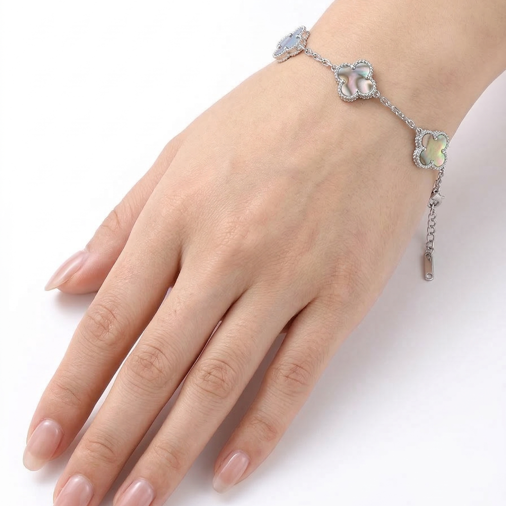 Bracelet trèfle en nacre irisée, 100 % acier inoxydable, couleur argent