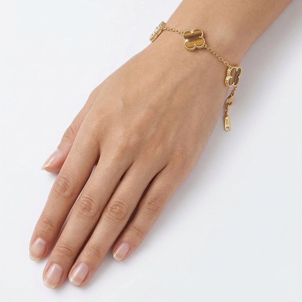 Bracelet Amulette Trèfles en Œil de Tigre – 100% Acier Plaqué Or 18K