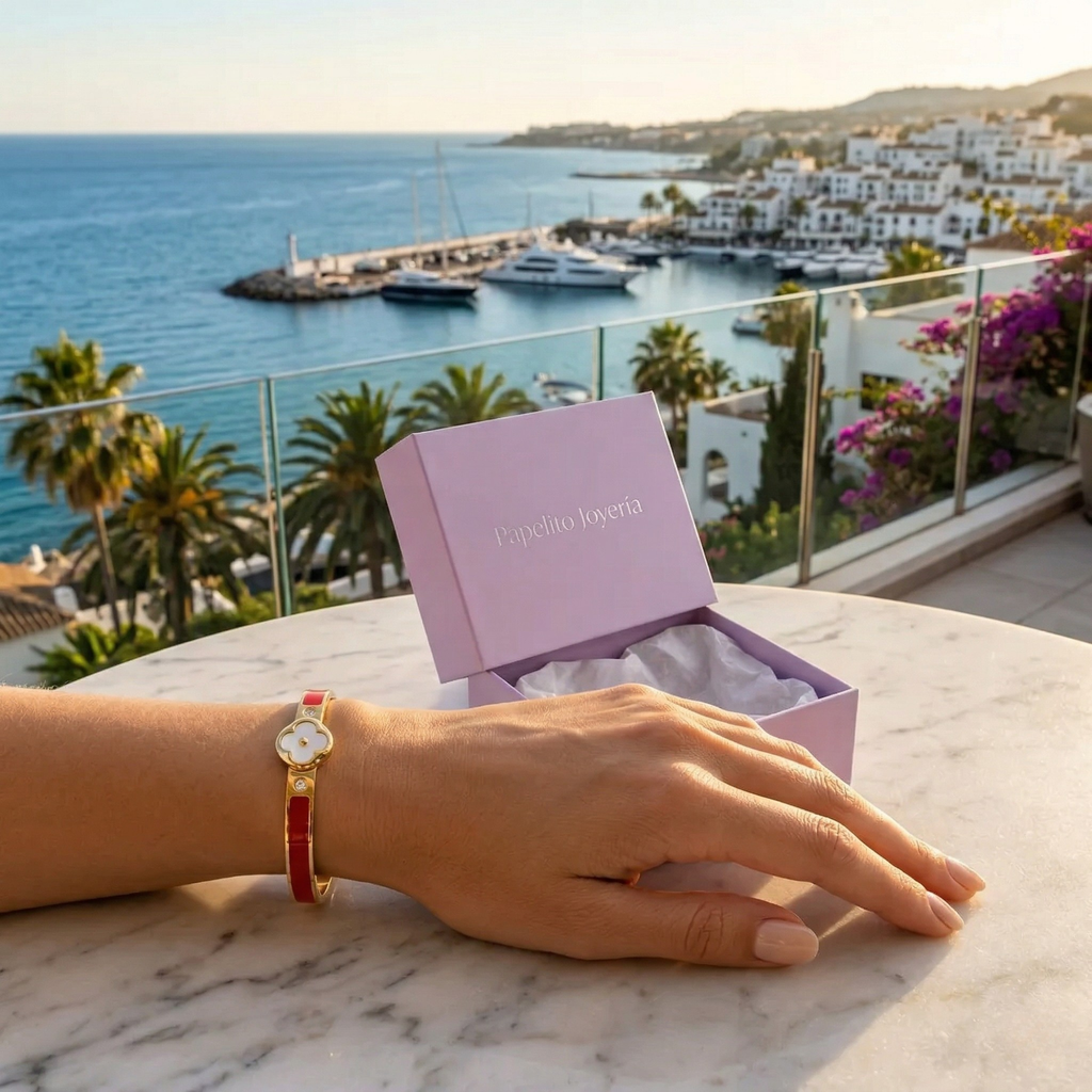 Bracelet rigide avec trèfle en nacre et zircone, détails émaillés rouges - 100 % acier plaqué or 18 carats