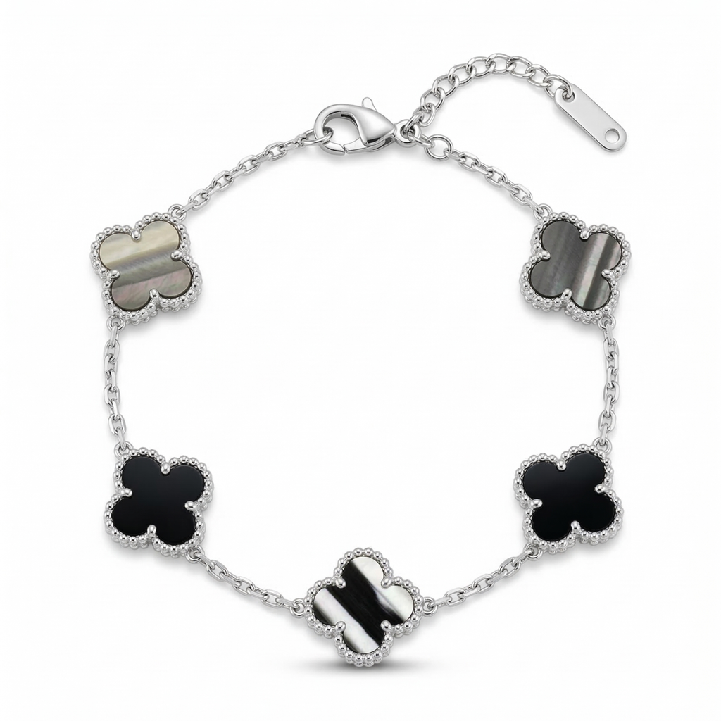 Bracelet Trèfle, motif marbre noir et blanc, 100 % acier inoxydable, couleur argent