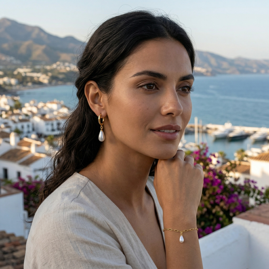 Boucles d'oreilles créoles avec perle en forme de larme - 100 % acier plaqué or 18 carats