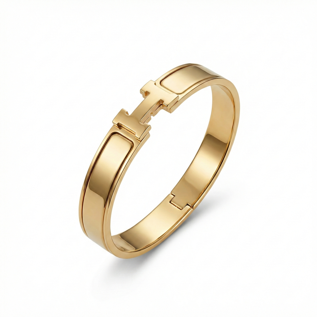 Bracelet rigide avec motif « H » et émail vert - 100 % acier plaqué or 18 carats