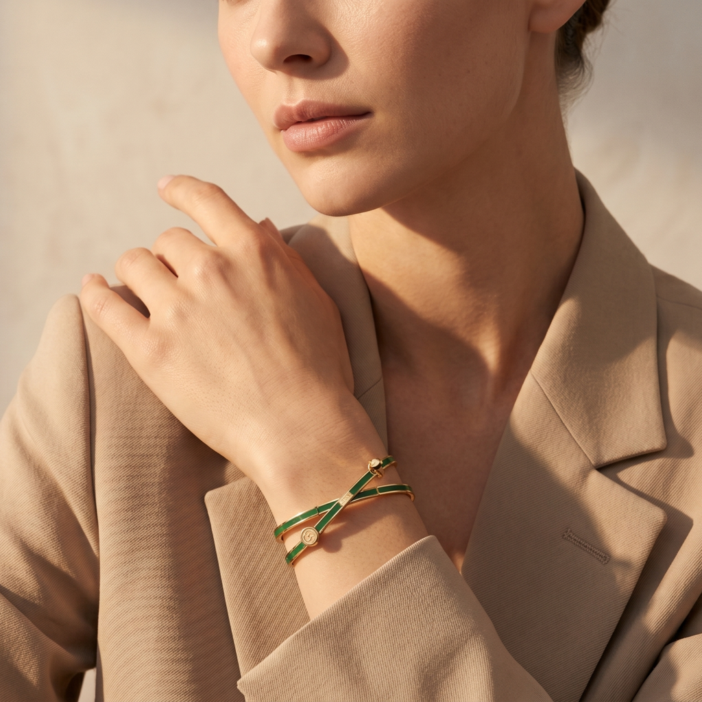 Bracelet rigide en émail vert, motif clous, 100 % acier plaqué or 18 carats