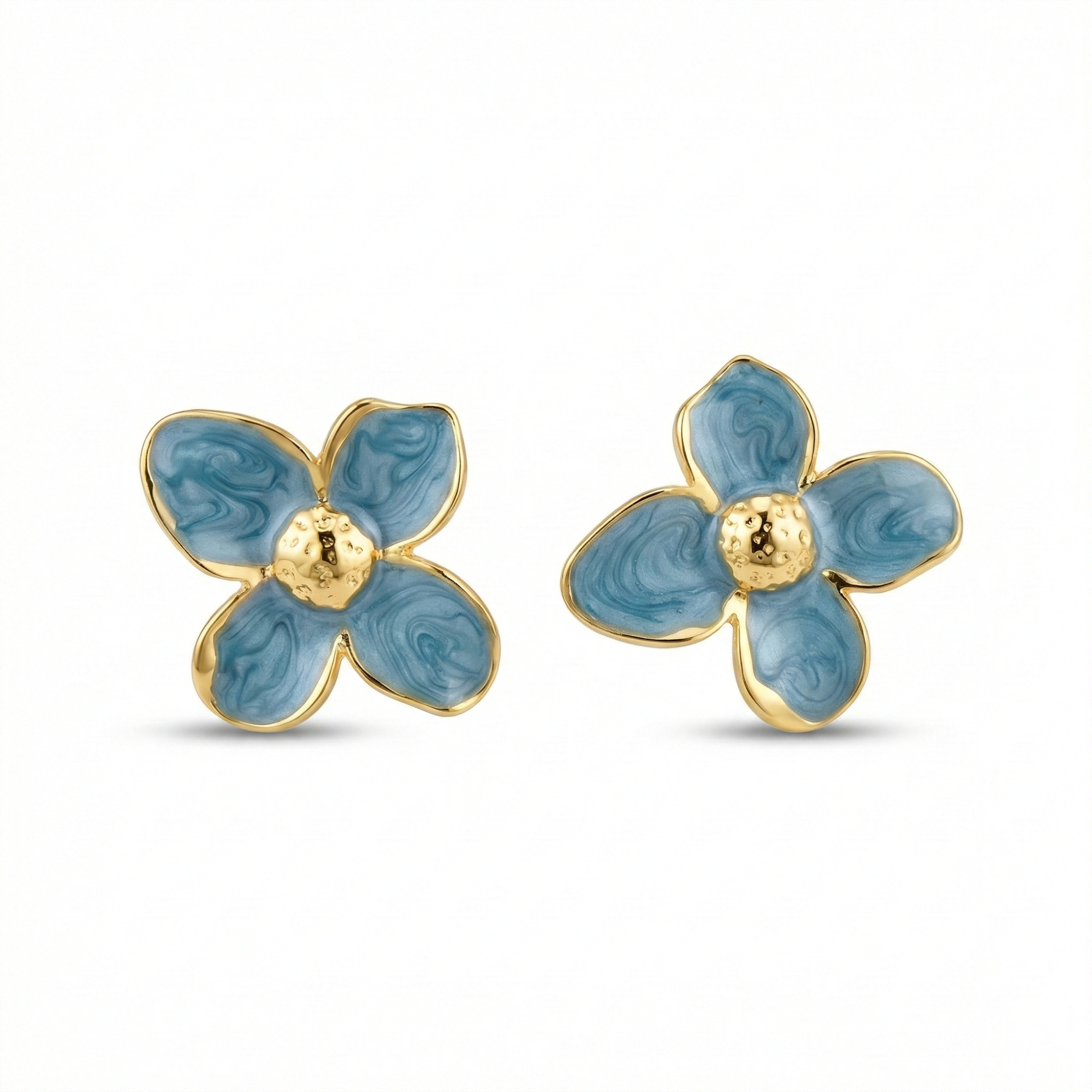 Boucles d'oreilles à tige en forme de fleur bleu pétrole avec centre doré - 100 % acier plaqué or 18 carats