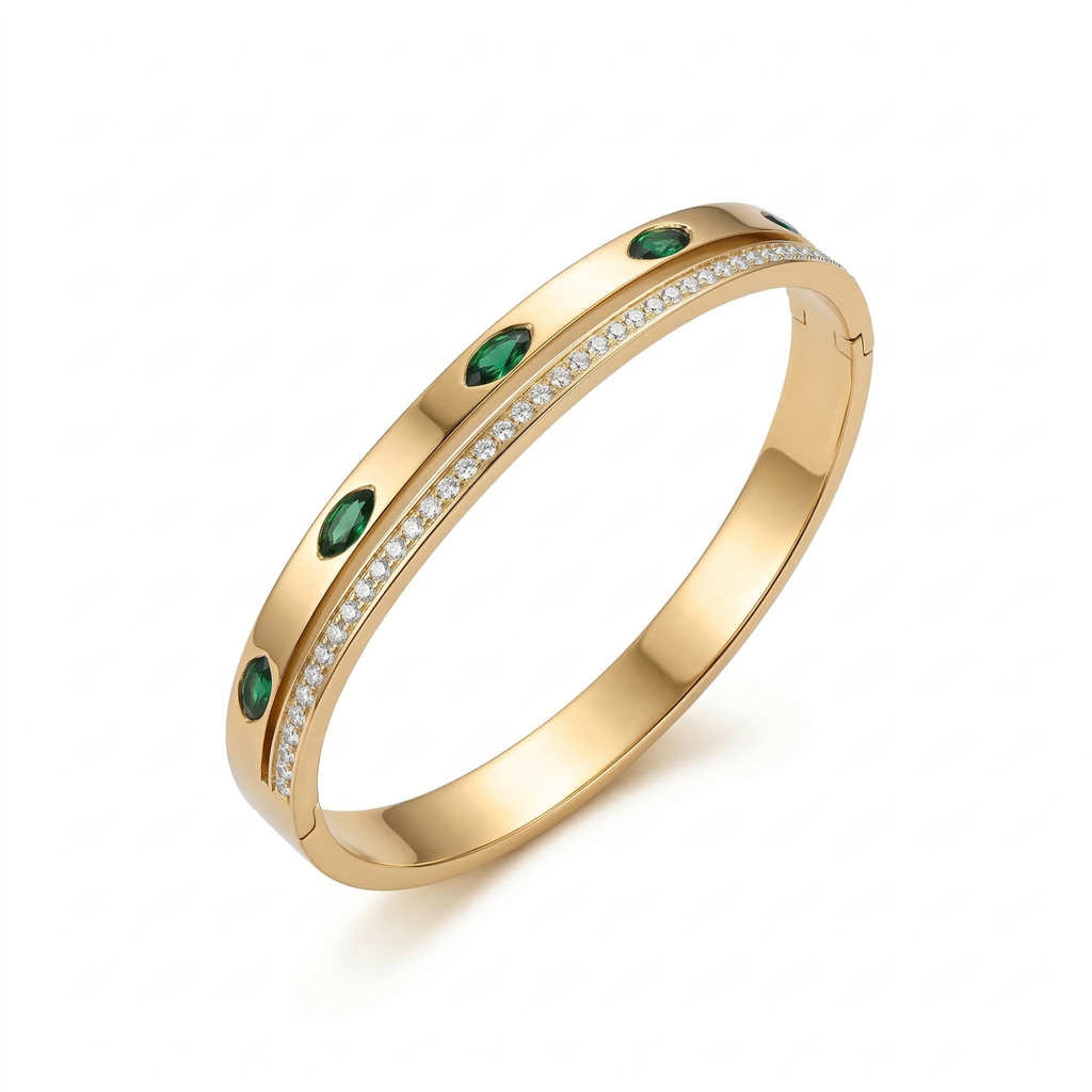 Bracelet rigide avec cristaux verts et zircones - 100 % acier plaqué or 18 carats