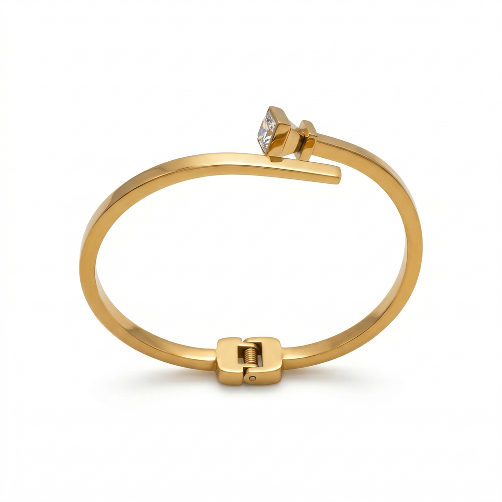 Bracelet rigide avec motif clou et zircone - 100 % acier plaqué or 18 carats