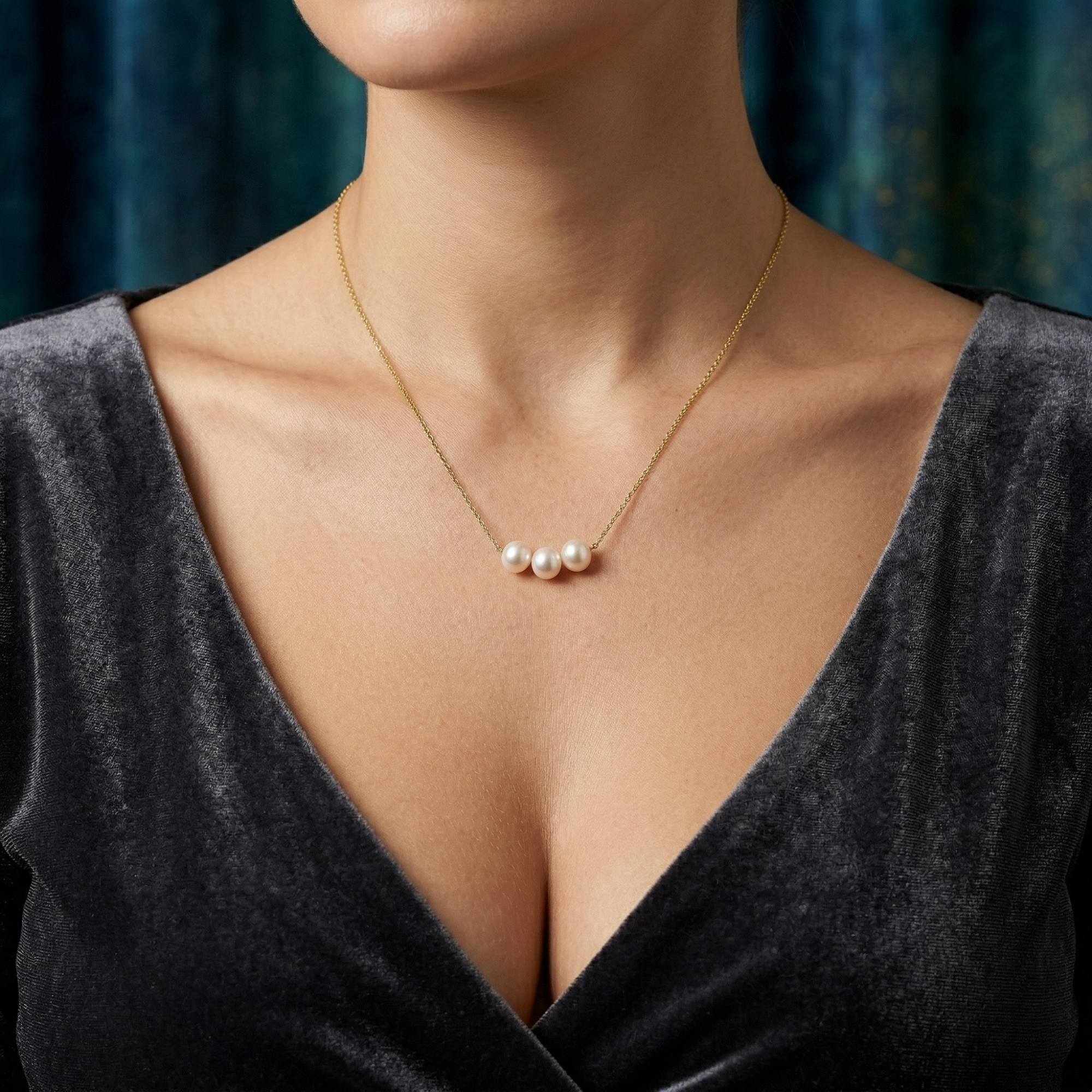 Collar de Tres Perlas Naturales - 100% Acero Bañado en Oro 18K