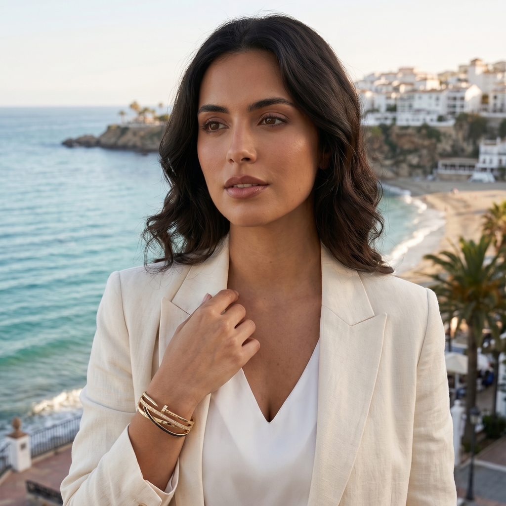 Brazalete Triple Diseño de Clavo y Cristales - 100% Acero Bañado en Oro 18K