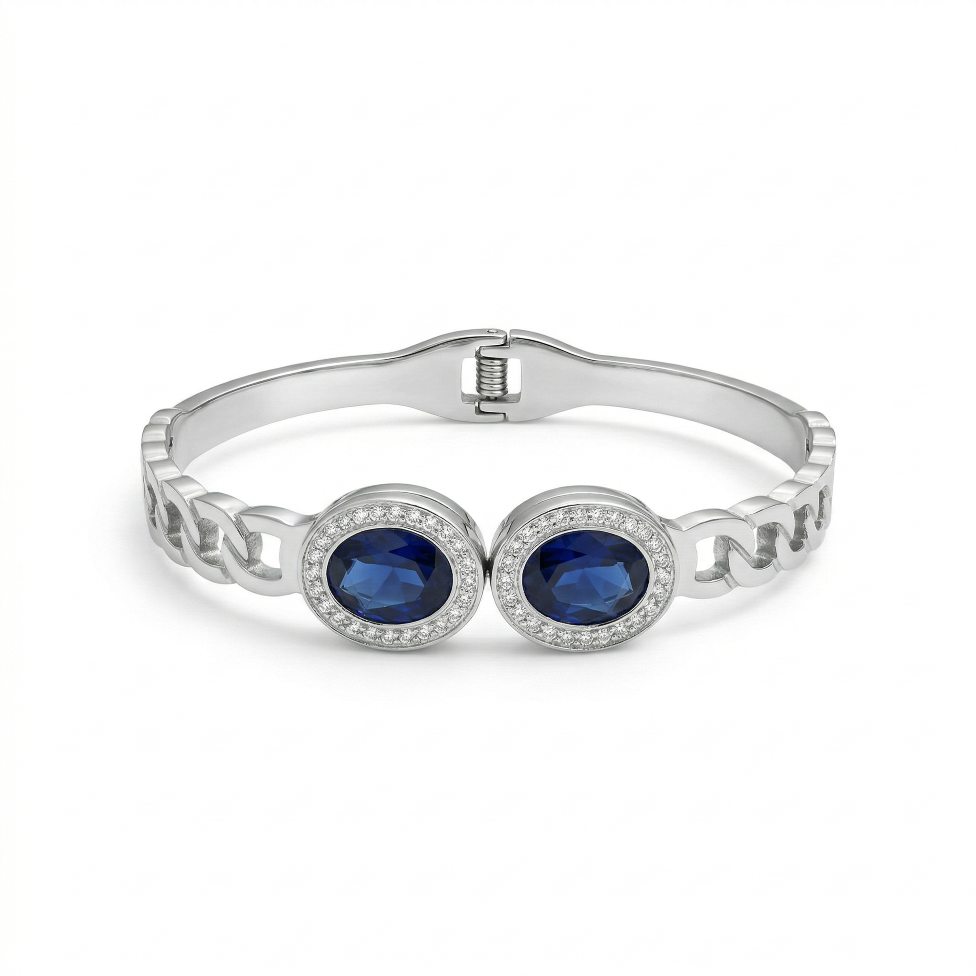 Bracelet rigide avec deux cristaux bleus ovales et zircones - 100 % acier rhodié