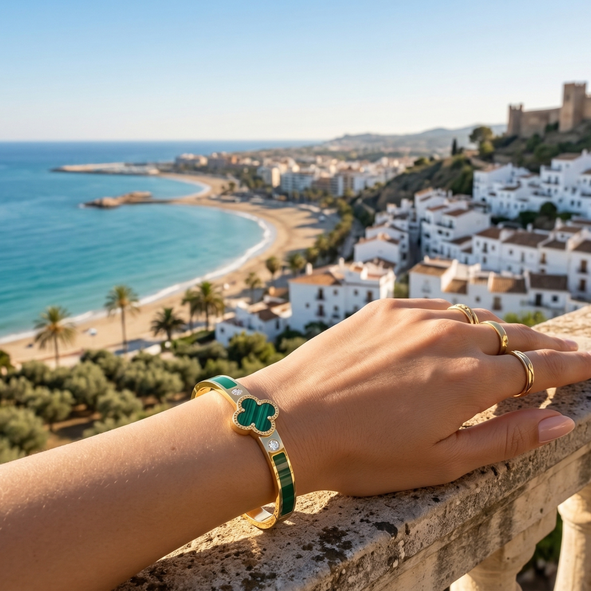 Bracelet rigide avec motif trèfle émaillé vert et zircone - 100 % acier plaqué or 18 carats