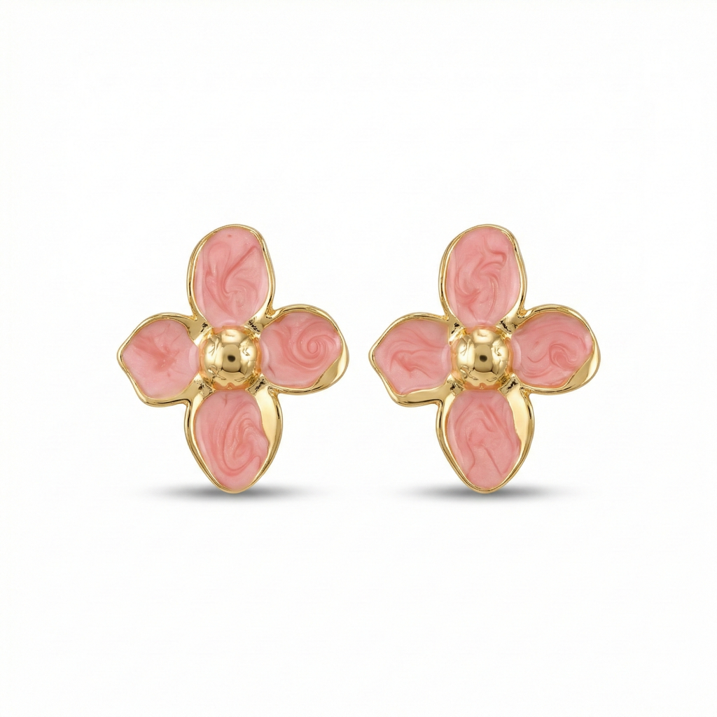 Boucles d'oreilles à tige en forme de pétale rose avec centre doré - 100 % acier plaqué or 18 carats