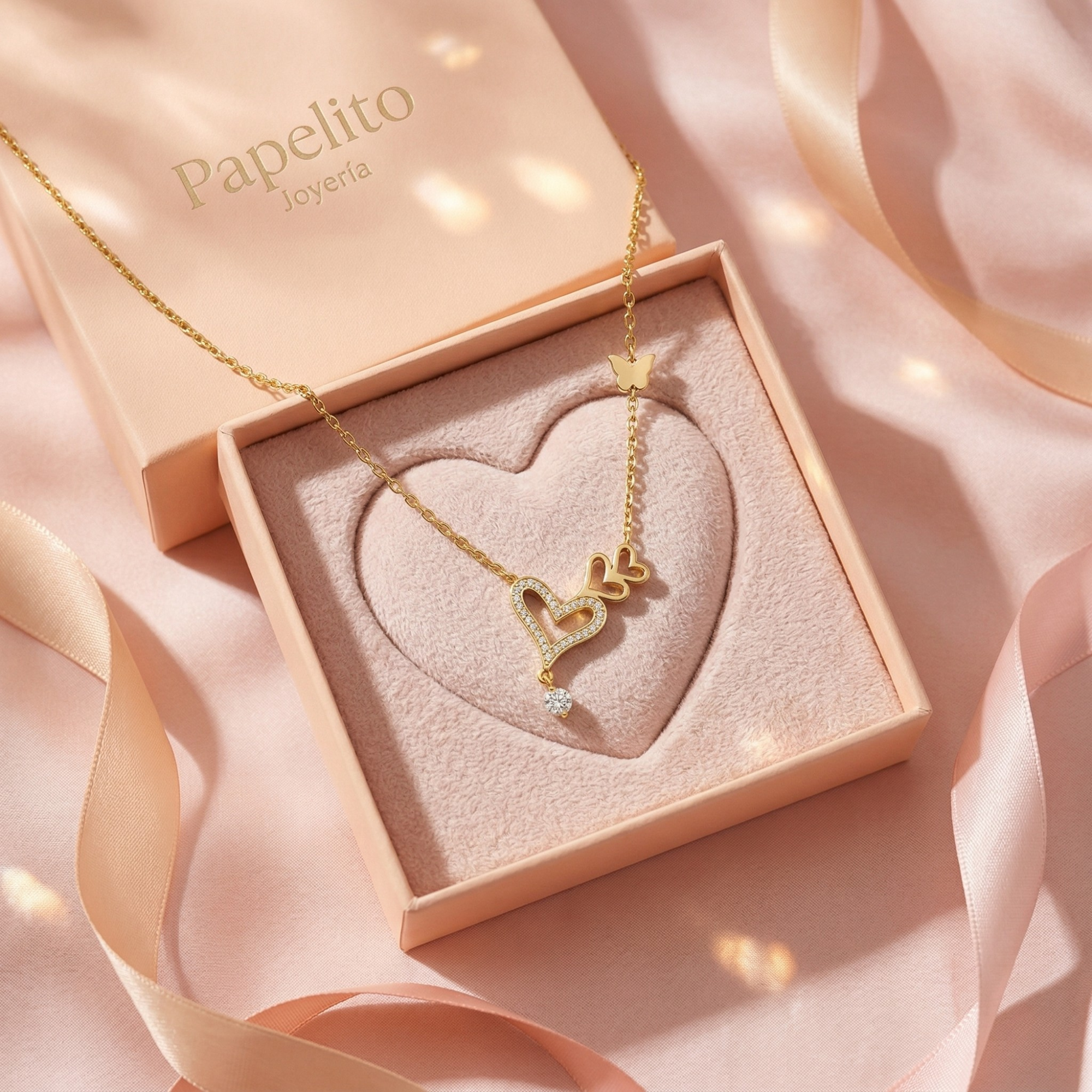 Collar Multi-Corazón con Detalle de Mariposa - 100% Acero Bañado en Oro 18K