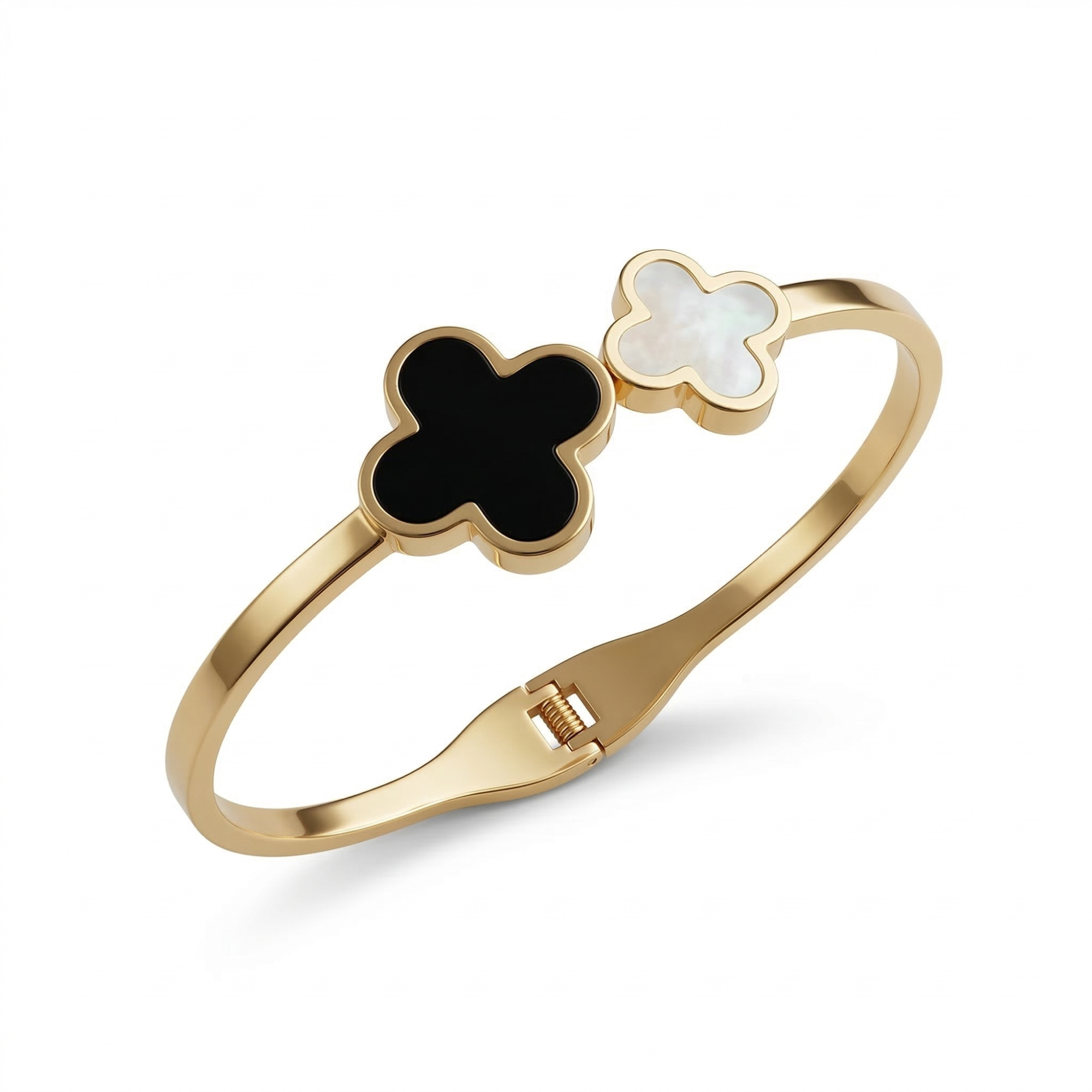 Bracelet rigide avec double trèfle : nacre blanche et émail noir - 100 % acier plaqué or 18 carats