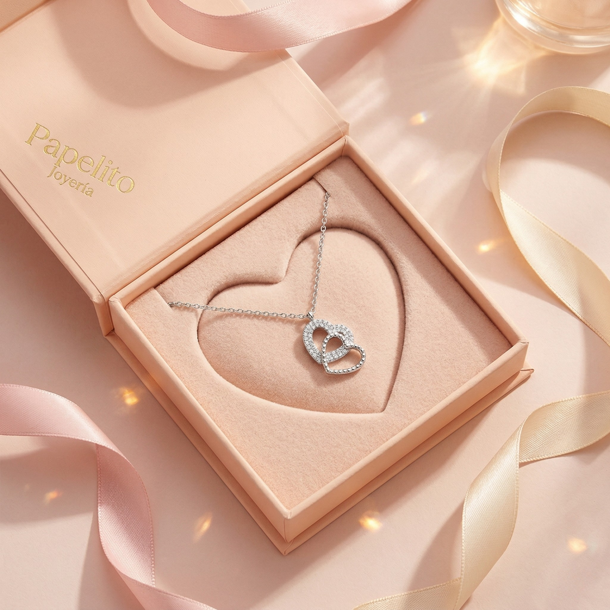 Collar de Doble Corazón Entrelazado - Plata de Ley con Micro-Engaste